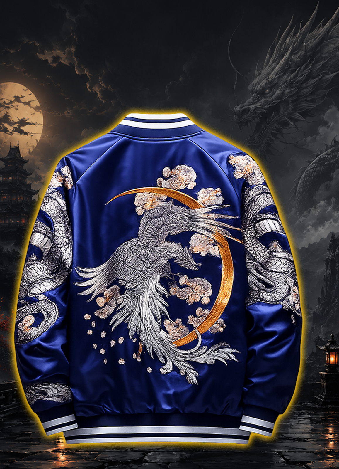 Back view of navy blue embroidered sukajan jacket with phoenix, dragons and cherry blossoms