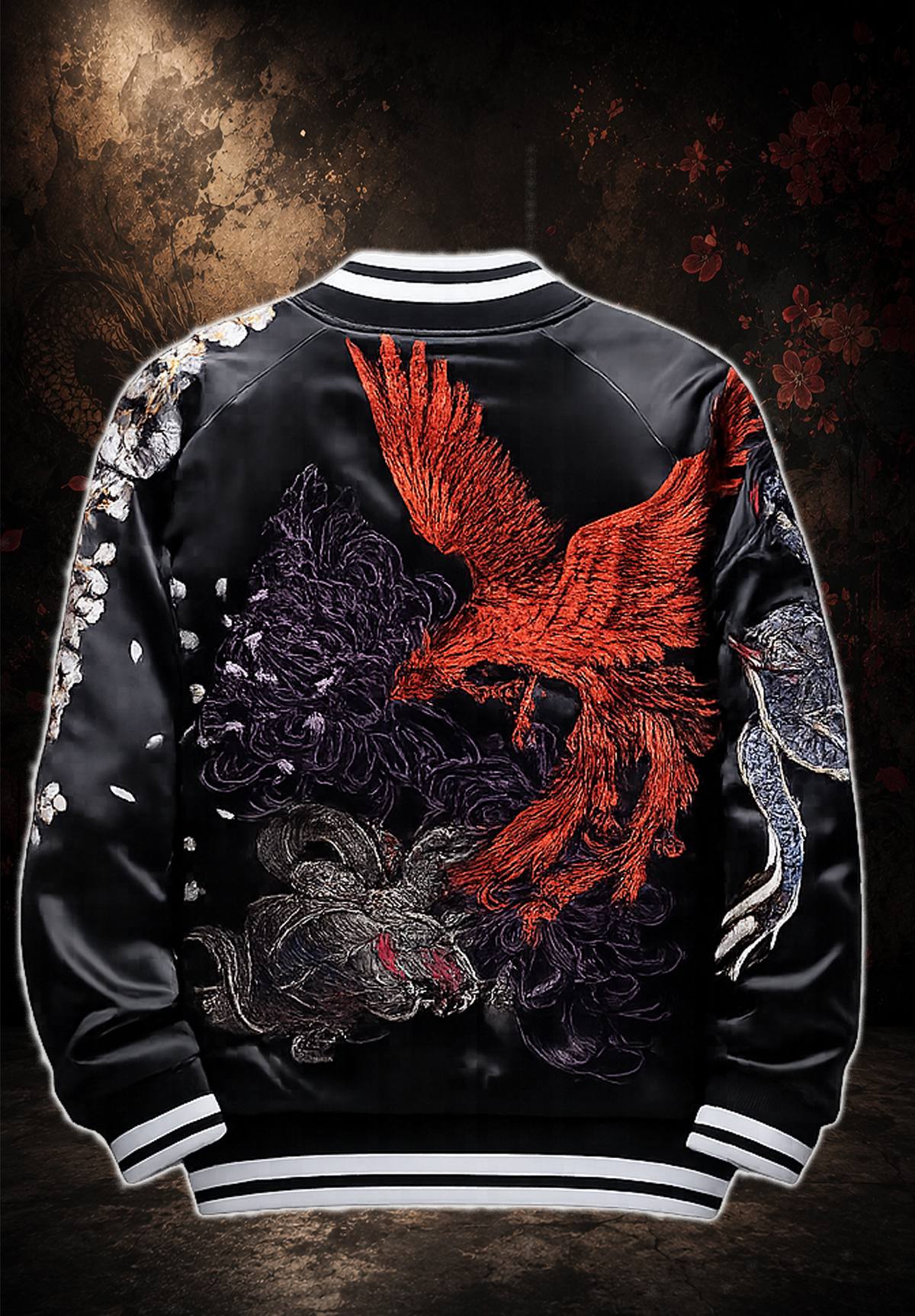 Back view of navy blue embroidered sukajan jacket with phoenix, dragons and cherry blossoms
