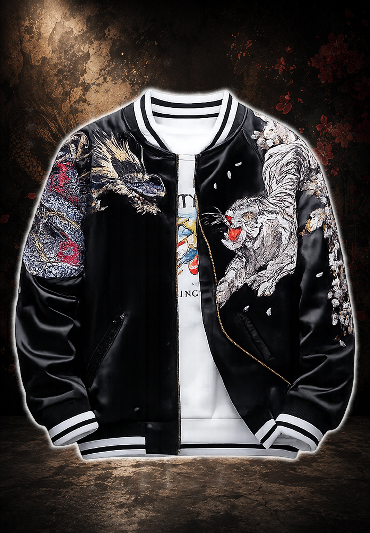 Front view of navy blue embroidered sukajan jacket with dragons and cherry blossoms