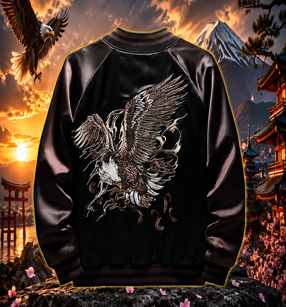 Back view of navy blue embroidered sukajan jacket with phoenix, dragons and cherry blossoms