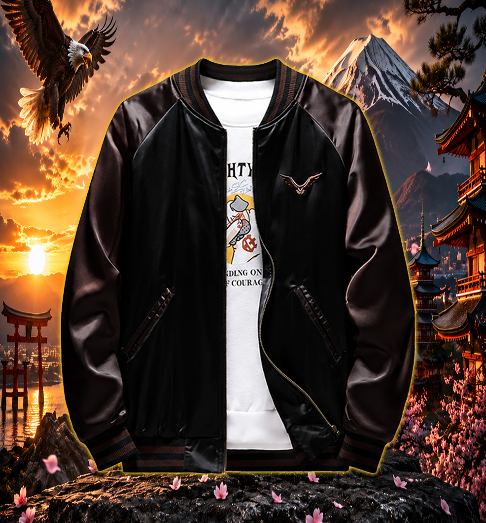 Front view of navy blue embroidered sukajan jacket with dragons and cherry blossoms